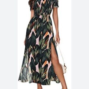 Elegant Off-Shoulder Leaf Pattern Maxi Dress with Sexy Slit